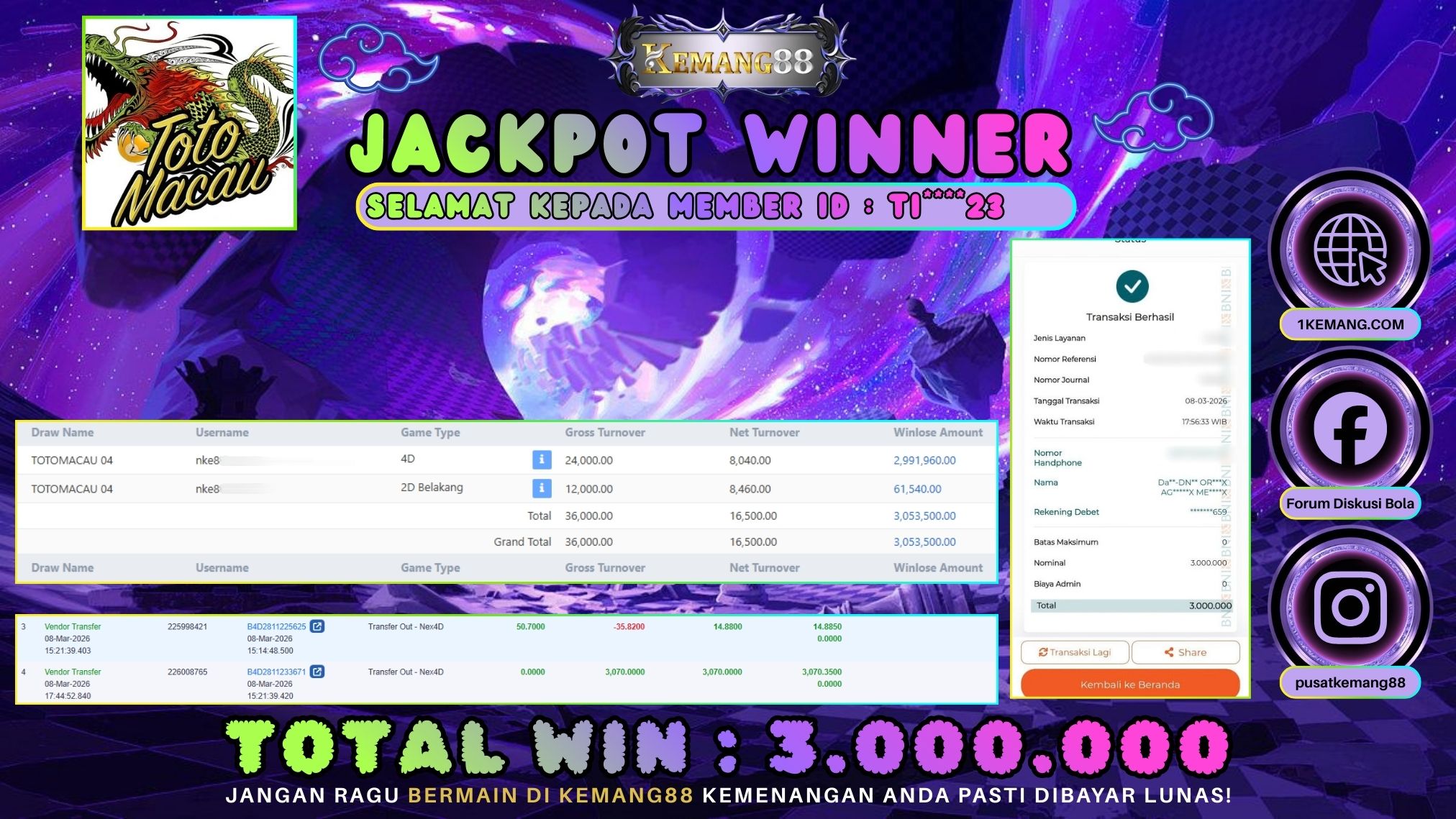 KEMANG88 [08 Maret 2026] : JACKPOT SLOT : TOTO MACAU POOLS [NEX4D] Rp. 3.000.000.,- LUNAS